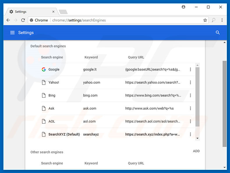 Suppression du moteur de recherche par défaut de search.xyz dans Google Chrome 