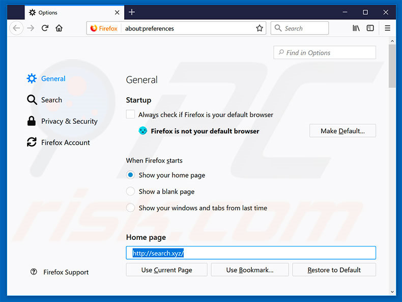 Suppression de la page d'accueil de search.xyz dans Mozilla Firefox 
