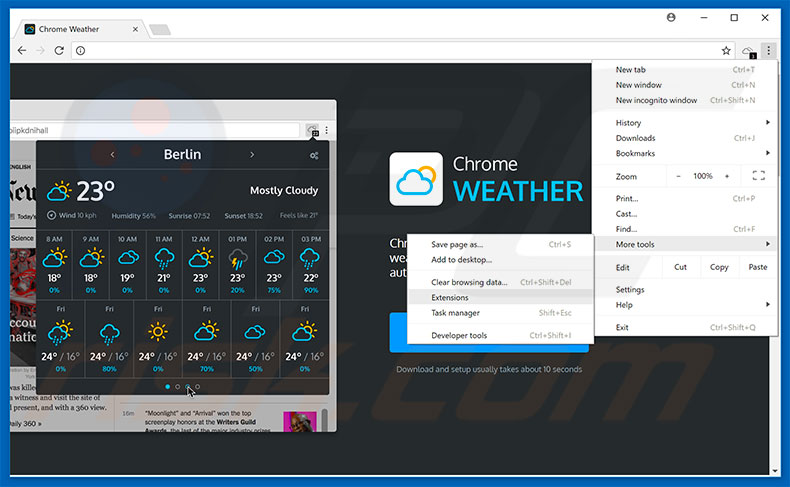 Suppression des publicités Weather For Chrome dans Google Chrome étape 1