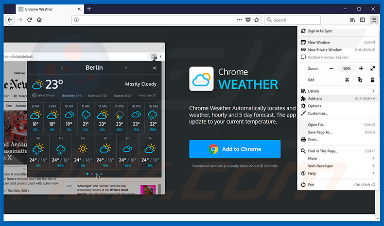 Suppression des publicités Weather For Chrome dans Mozilla Firefox étape 1