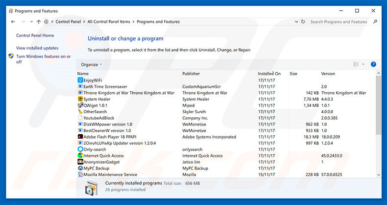 Désinstallation du logiciel de publicité Windows Detected ZEUS Virus via le Panneau de Configuration