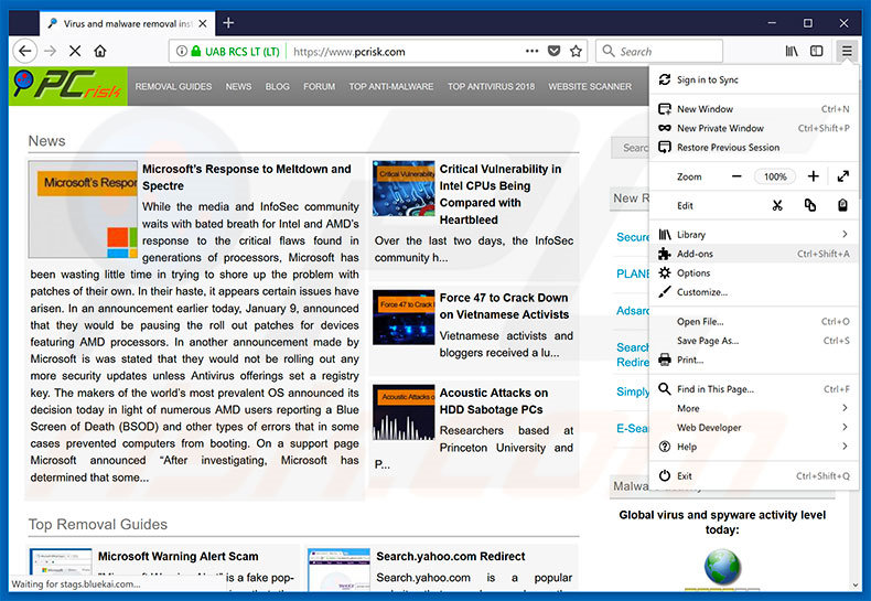 Suppression des publicités du virus Chrome.exe dans Mozilla Firefox étape 1