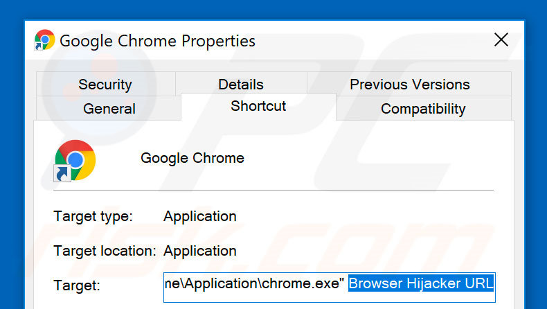 Suppression du raccourci cible du pirate de navigateur dans Google Chrome étape 2