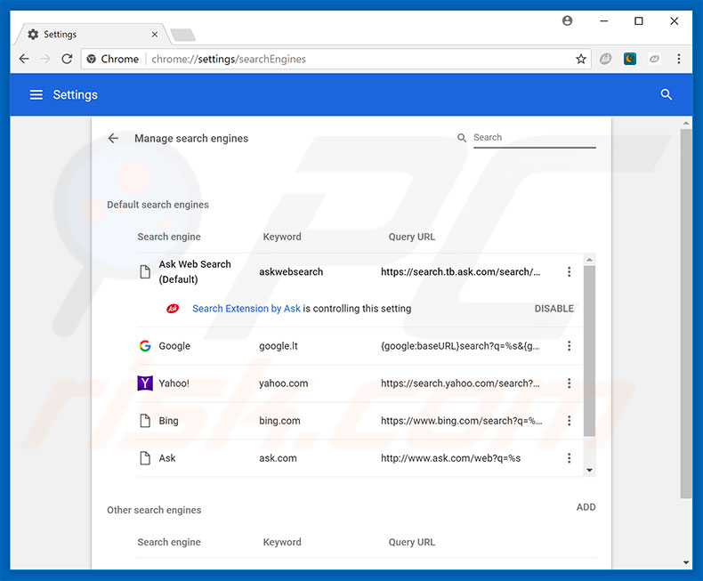 Suppression du moteur de recherche par défaut du pirate de navigateur dans Google Chrome