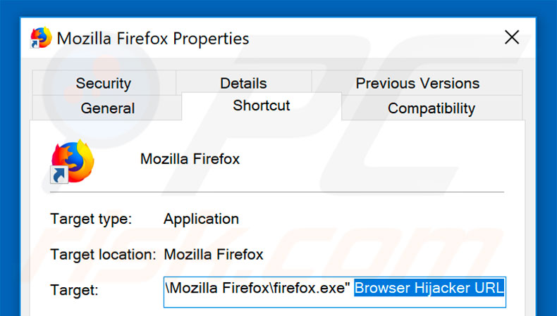 Suppression du raccourci cible du pirate de navigateur dans Mozilla Firefox étape 2