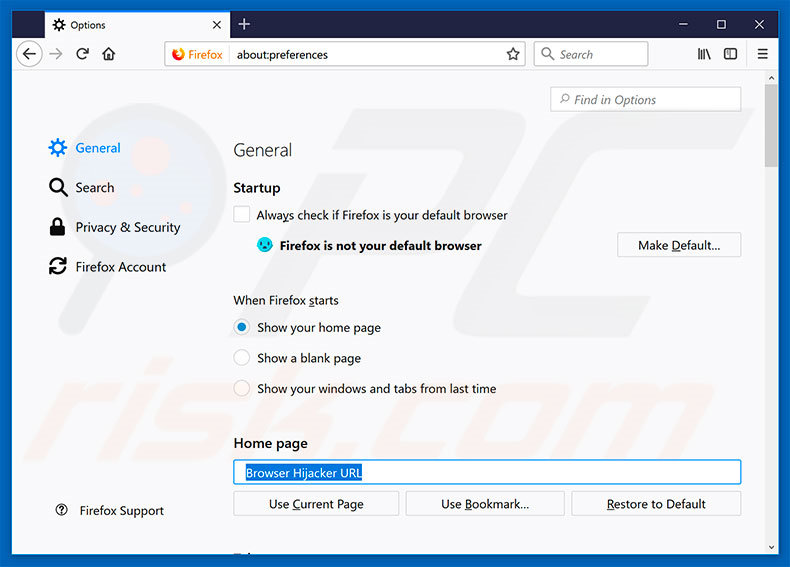 Suppression de la page d'accueil du pirate de navigateur dans Mozilla Firefox 