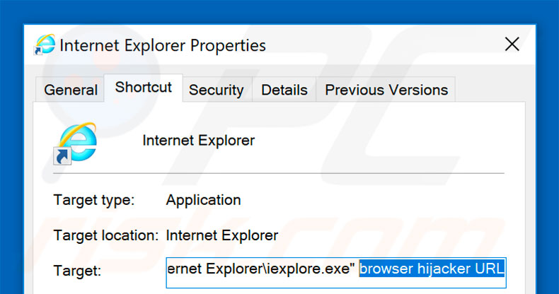 Suppression du raccourci cible du pirate de navigateur dans Internet Explorer étape 2