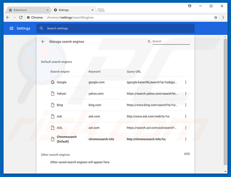 Suppression du moteur de recherche par défaut de chromesearch.info dans Google Chrome