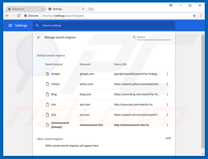 Suppression du moteur de recherche par défaut de chromesearch.info dans Google Chrome