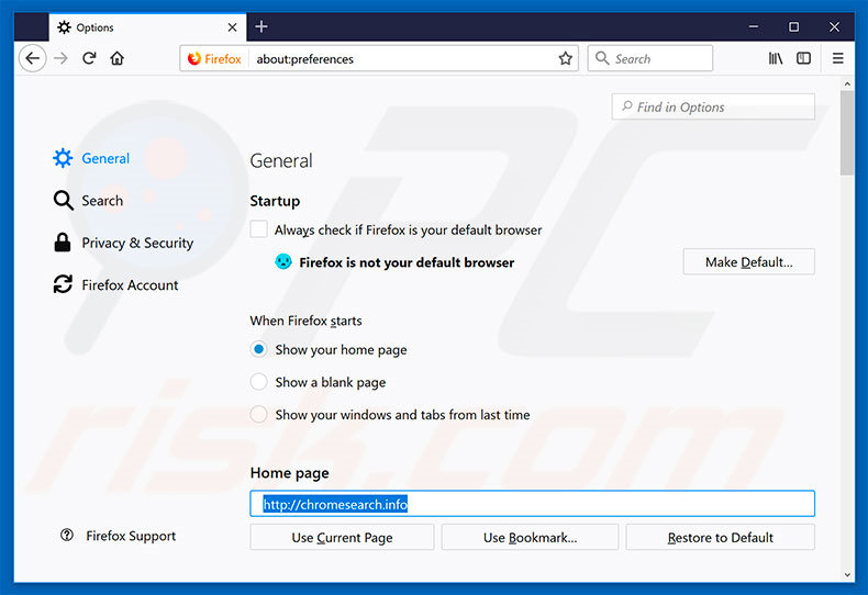Suppression de la page d'accueil de chromesearch.info dans Mozilla Firefox