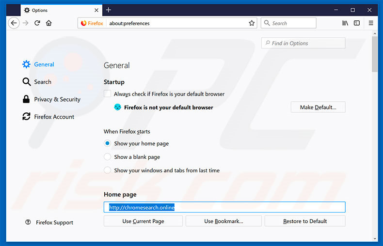Suppression de la page d'accueil de chromesearch.online dans Mozilla Firefox 