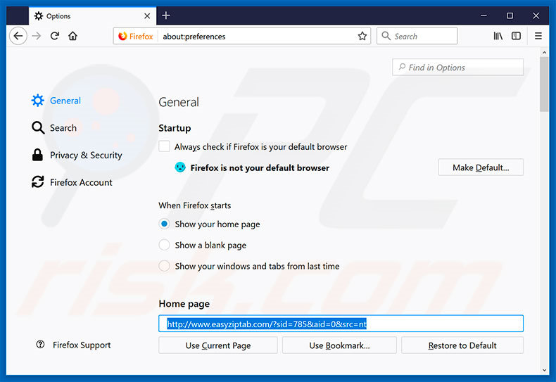 Removing easyziptab.com from Mozilla Firefox homepage