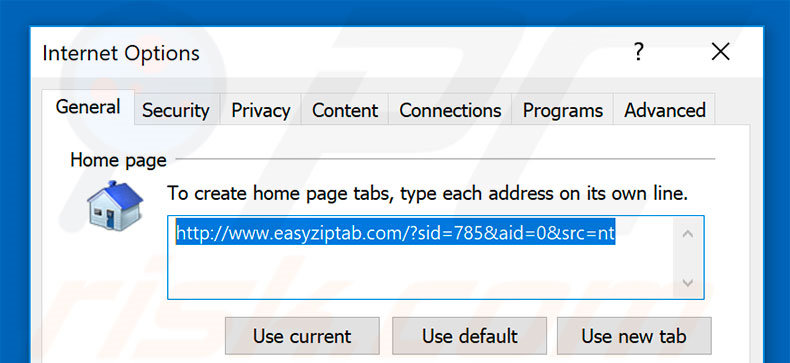 Removing easyziptab.com from Internet Explorer homepage