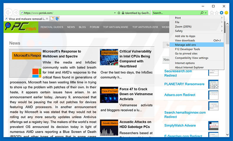 Suppression des publicités FileRepMalware dans Internet Explorer étape 1