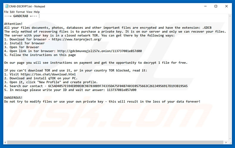 Instructions de décryptage de GANDCRAB 2 