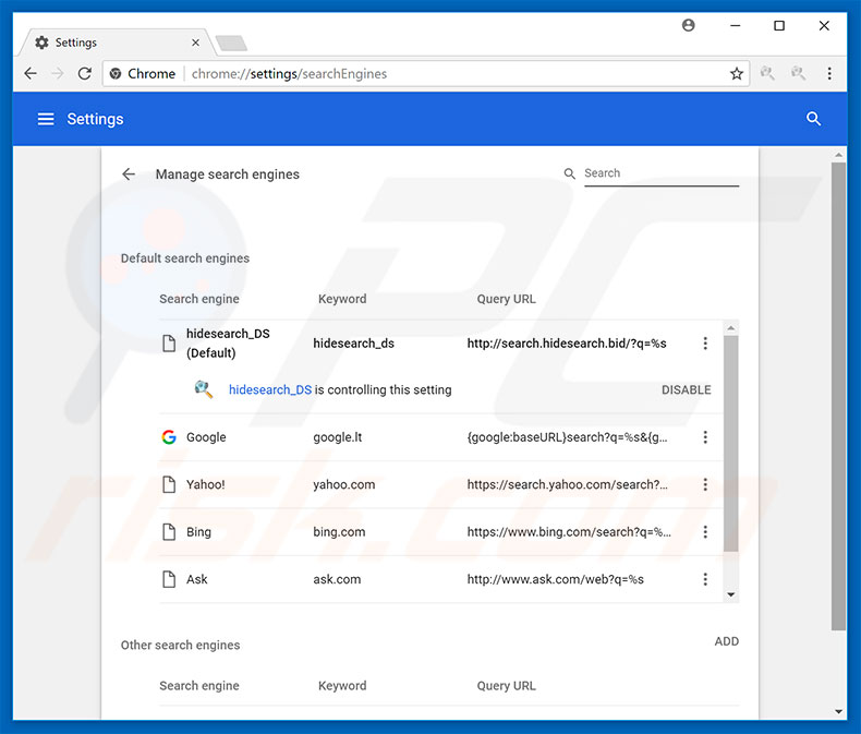 Suppression de search.hidesearch.bid du moteur de recherche par défaut de Google Chrome