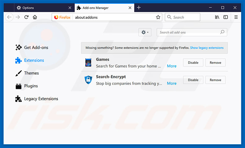 Suppression des extensions Mozilla Firefox liées à search.hidesearch.bid