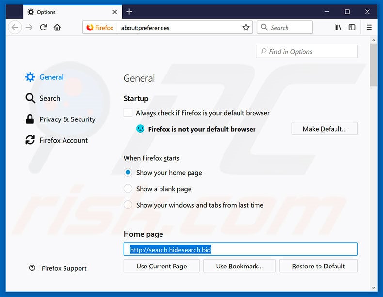Suppression de search.hidesearch.bid de la page d'accueil de Mozilla Firefox