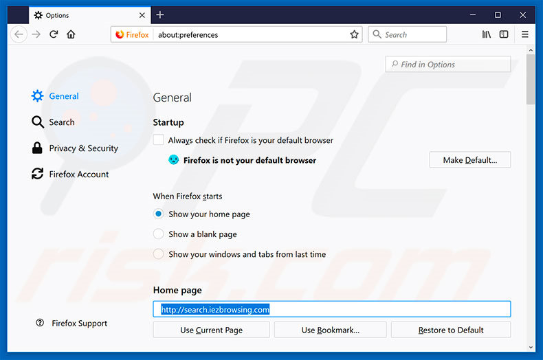 Suppression de la page d'accueil de search.iezbrowsing.com dans Mozilla Firefox 