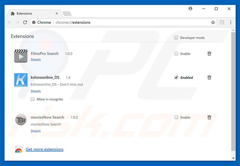 Suppression des extensions reliées à search.kshowonline.stream dans Google Chrome 