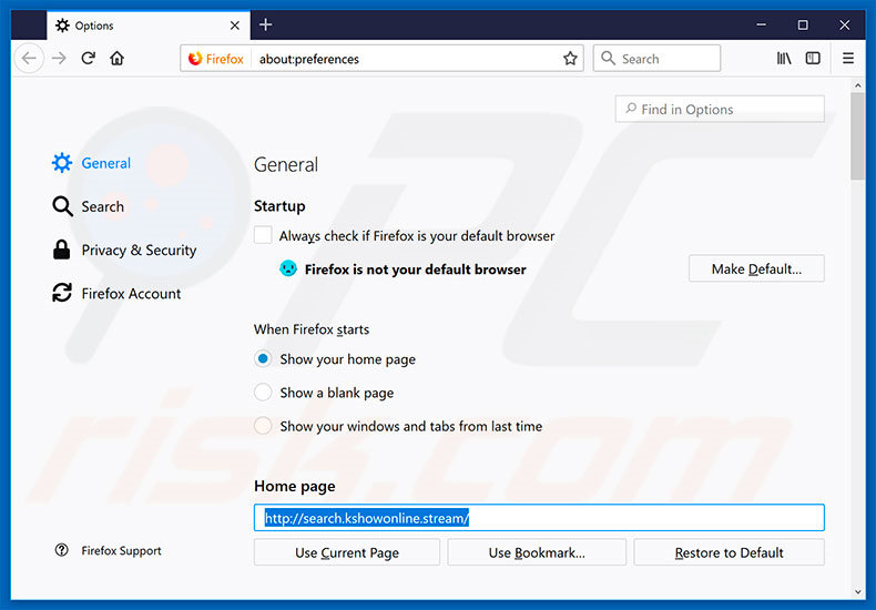 Suppression de la page d'accueil de search.kshowonline.stream dans Mozilla Firefox 
