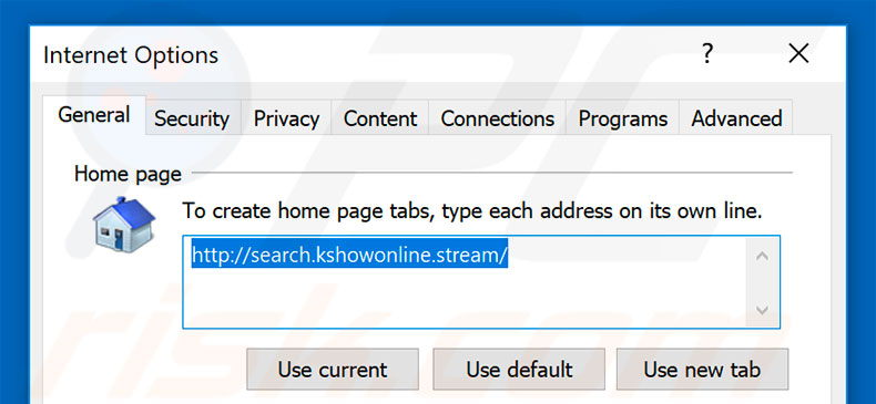 Suppression de la page d'accueil de search.kshowonline.stream dans Internet Explorer 