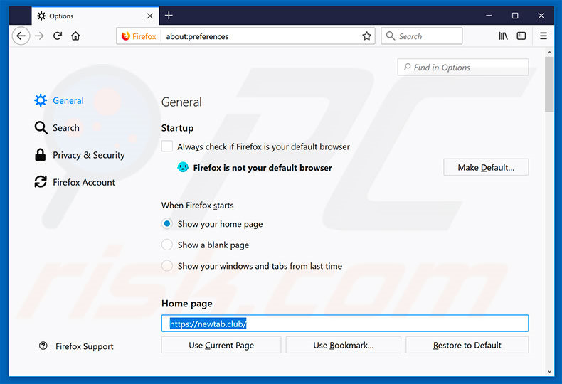 Suppression de la page d'accueil de newtab.club dans Mozilla Firefox 