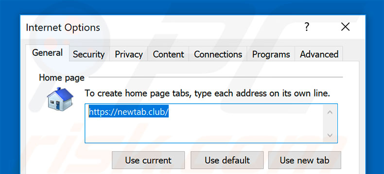 Suppression de la page d'accueil de newtab.club dans Internet Explorer 