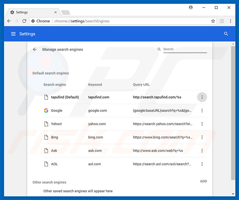 Suppression du moteur de recherche par défaut de search.tapufind.com dans Google Chrome 