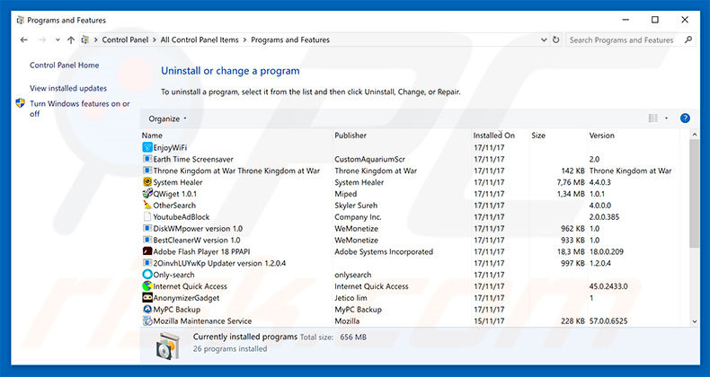 Désinstallation du logiciel de publicité Your Browser Has Been Blocked Based On Your Security Preferences via le Panneau de Configuration