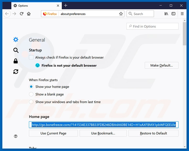 Suppression de la page d'accueil de go.bonefreeze.com dans Mozilla Firefox 
