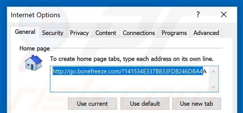 Suppression de la page d'accueil de go.bonefreeze.com dans Internet Explorer 