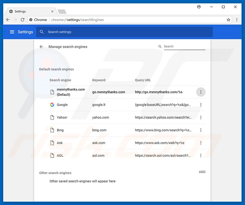 Suppression du moteur de recherche par défaut de go.mennythanks.com dans Google Chrome 