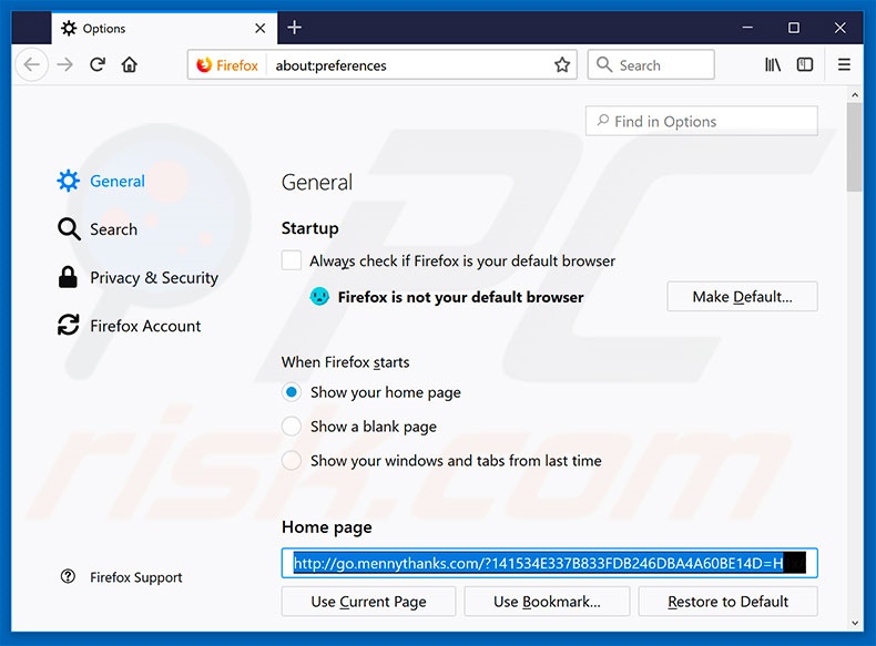 Suppression de la page d'accueil de go.mennythanks.com dans Mozilla Firefox 