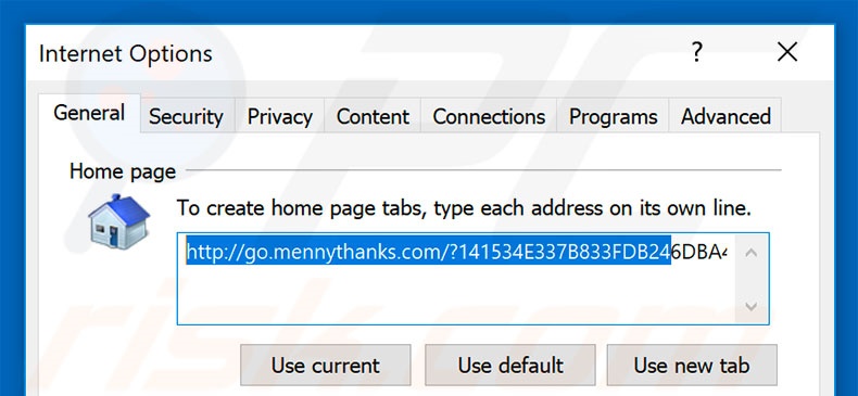 Suppression de la page d'accueil de go.mennythanks.com dans Internet Explorer 
