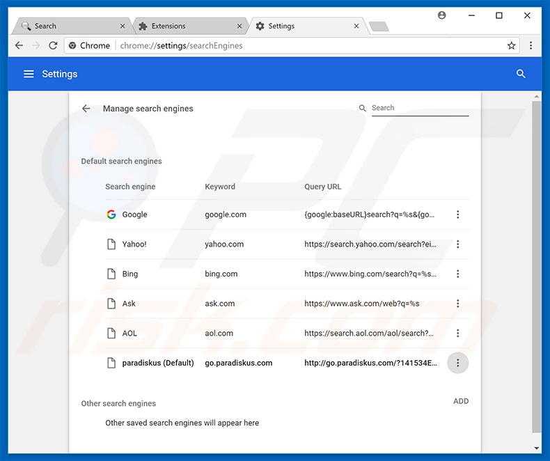 Suppression du moteur de recherche par défaut de go.paradiskus.com dans Google Chrome 