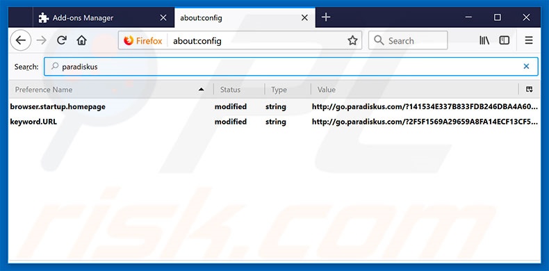 Suppression du moteur de recherche par défaut de go.paradiskus.com dans Mozilla Firefox 