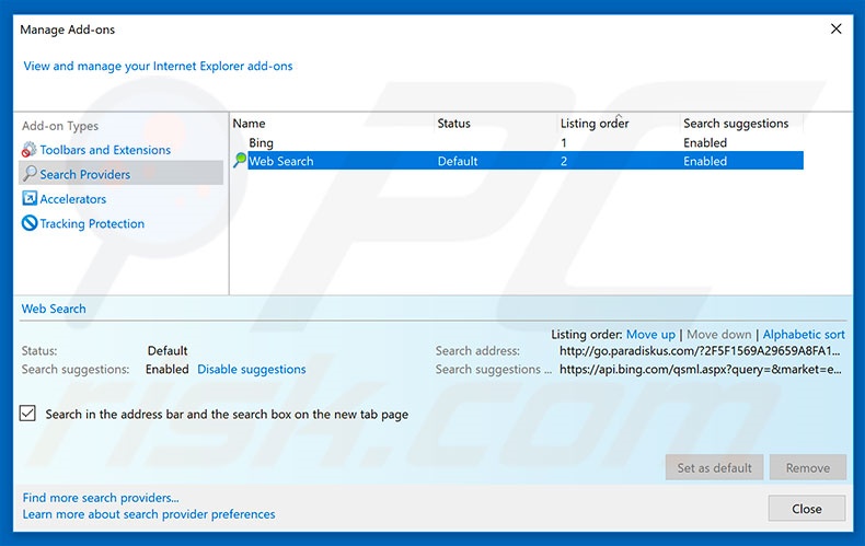 Suppression du moteur de recherche par défaut de go.paradiskus.com dans Internet Explorer 