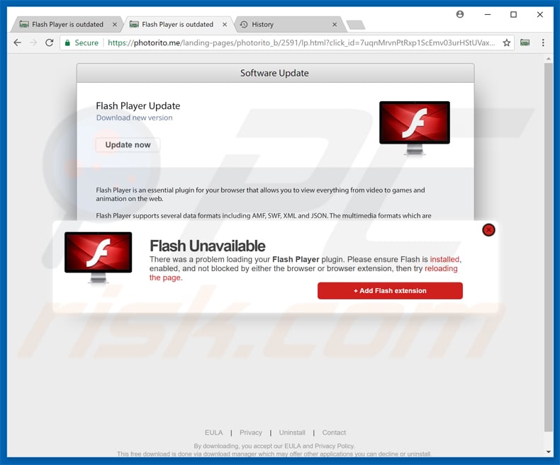 Extension Photorito publicisée grâce aux pop-ups de fausses mises à jour de flash player