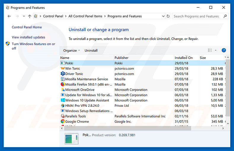 Pokki adware uninstall via Control Panel