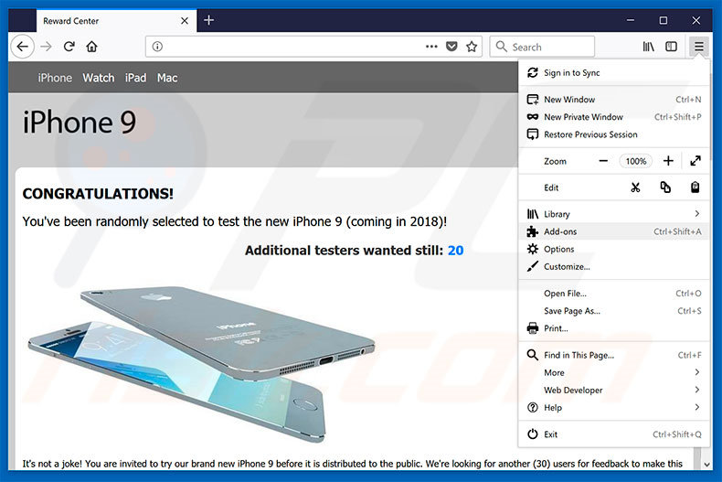 Suppression des publicités You've Been Selected To Test iPhone 9 dans Mozilla Firefox étape 1