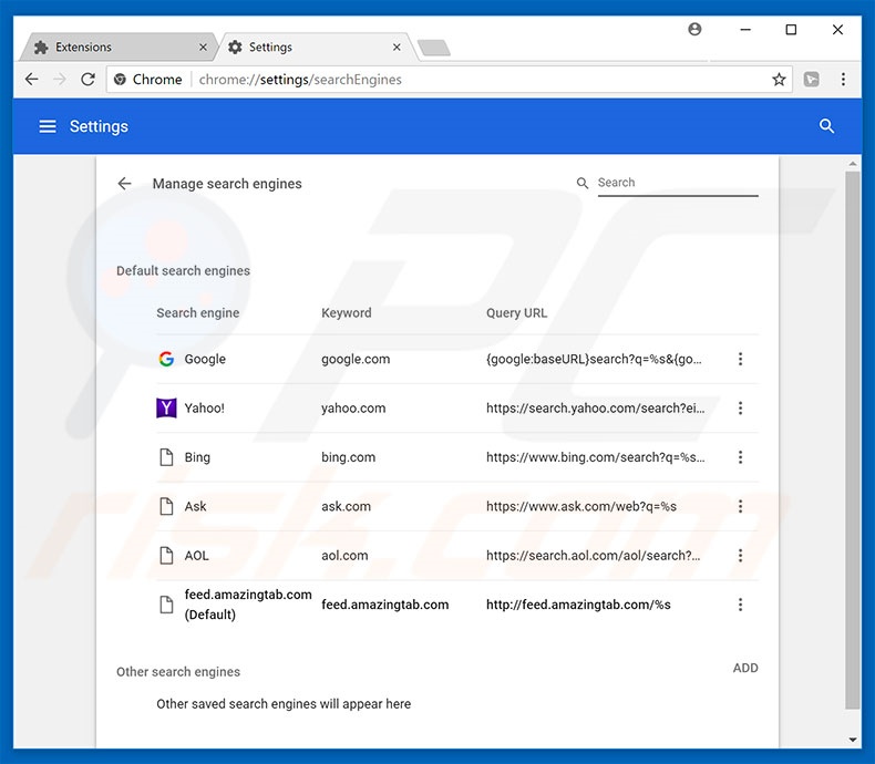 Suppression du moteur de recherche par défaut de feed.amazingtab.com dans Google Chrome 