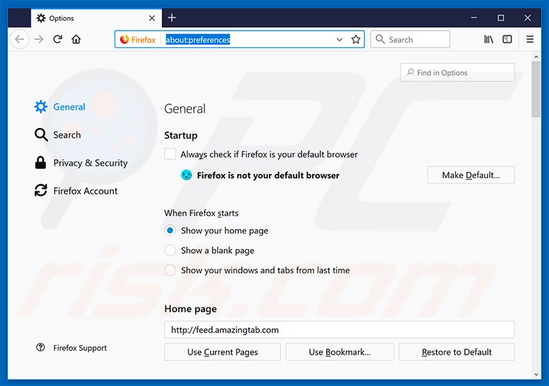 Suppression de la page d'accueil de feed.amazingtab.com dans Mozilla Firefox 