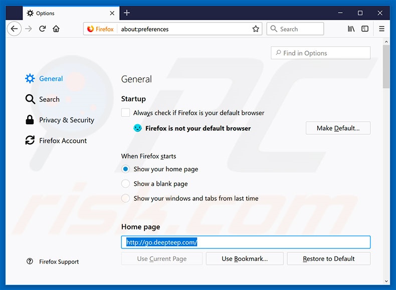 Suppression de la page d'accueil de go.deepteep.com dans Mozilla Firefox 