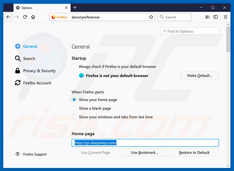 Suppression de la page d'accueil de go.deepteep.com dans Mozilla Firefox 