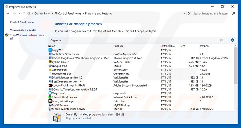 Désinstallation du logiciel de publicité Google Chrome Support Centre via le Panneau de Configuration