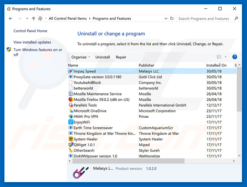 Désinstallation du logiciel de publicité ImpaqSpeed via le Panneau de Configuration