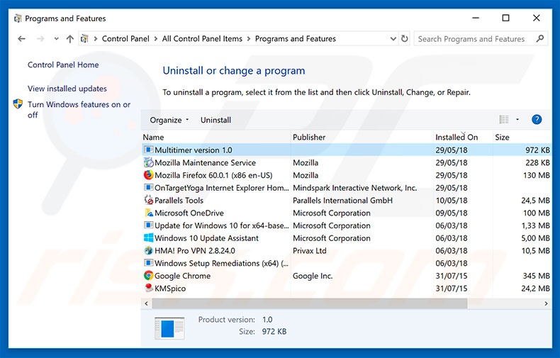 Désinstallation du logiciel de publicité Multitimer via le Panneau de Configuration
