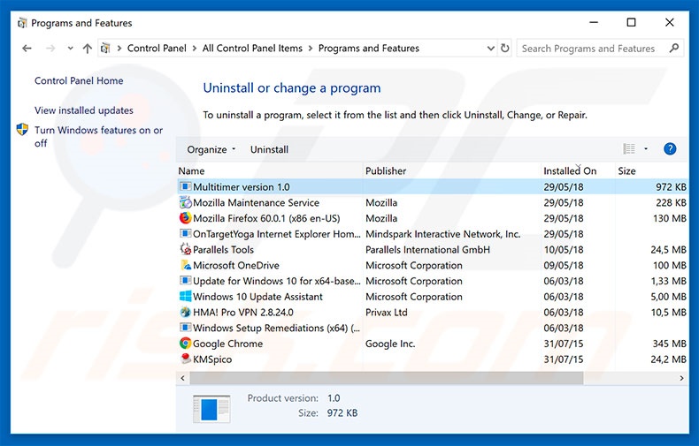 Désinstallation du logiciel de publicité Multitimer via le Panneau de Configuration