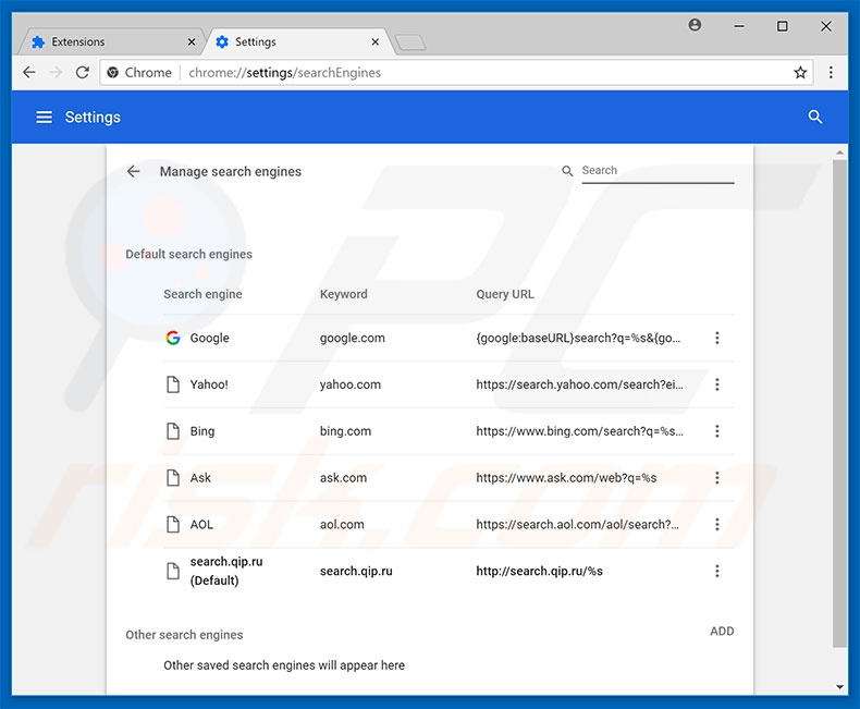 Suppression du moteur de recherche par défaut de qip.ru dans Google Chrome 